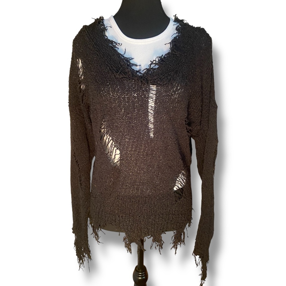 Emory Park Black V-Neck Sweater Distressed Style